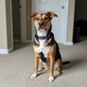 Dog sitting on carpet