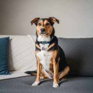 Dog sitting on carpet