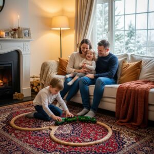 happy family on living room with oriental rug