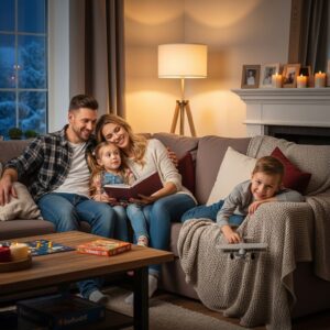 happy family sitting in sofa