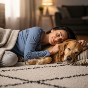 dog and woman on carpet sleeping