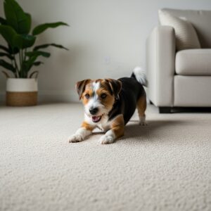 dog playing on carpet