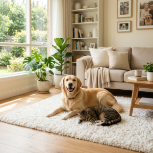 happy dog and cat on rug